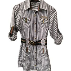 COOGI‎ Women Sz Small Striped Utility Shirt Dress Green Red Accent Gold Y2K